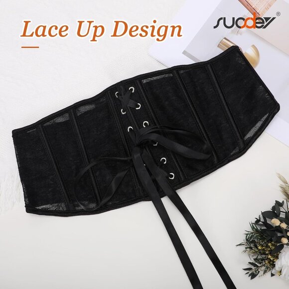 Women's Jacquard Corset Belt Lace Up Bustier Waspie Belt Renaissance Black Lace - Picture 5 of 6